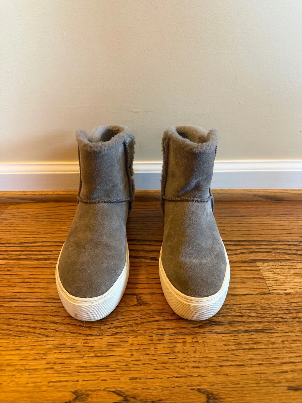 UGG Women's Taupe Suede Shearling Mid-Ankle Booties with Buckle Strap